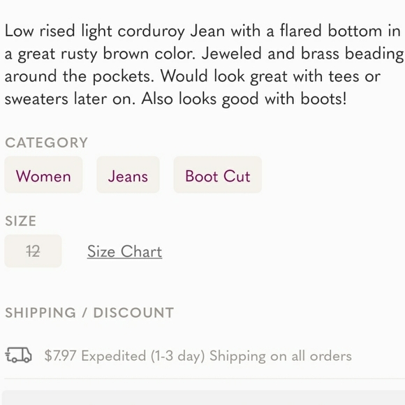 Rust brown corduroy mid rise flare bling jeans size 12 - Picture 6 of 6